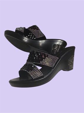 Black rhinestone  Block Heel Slide Sandals - Women